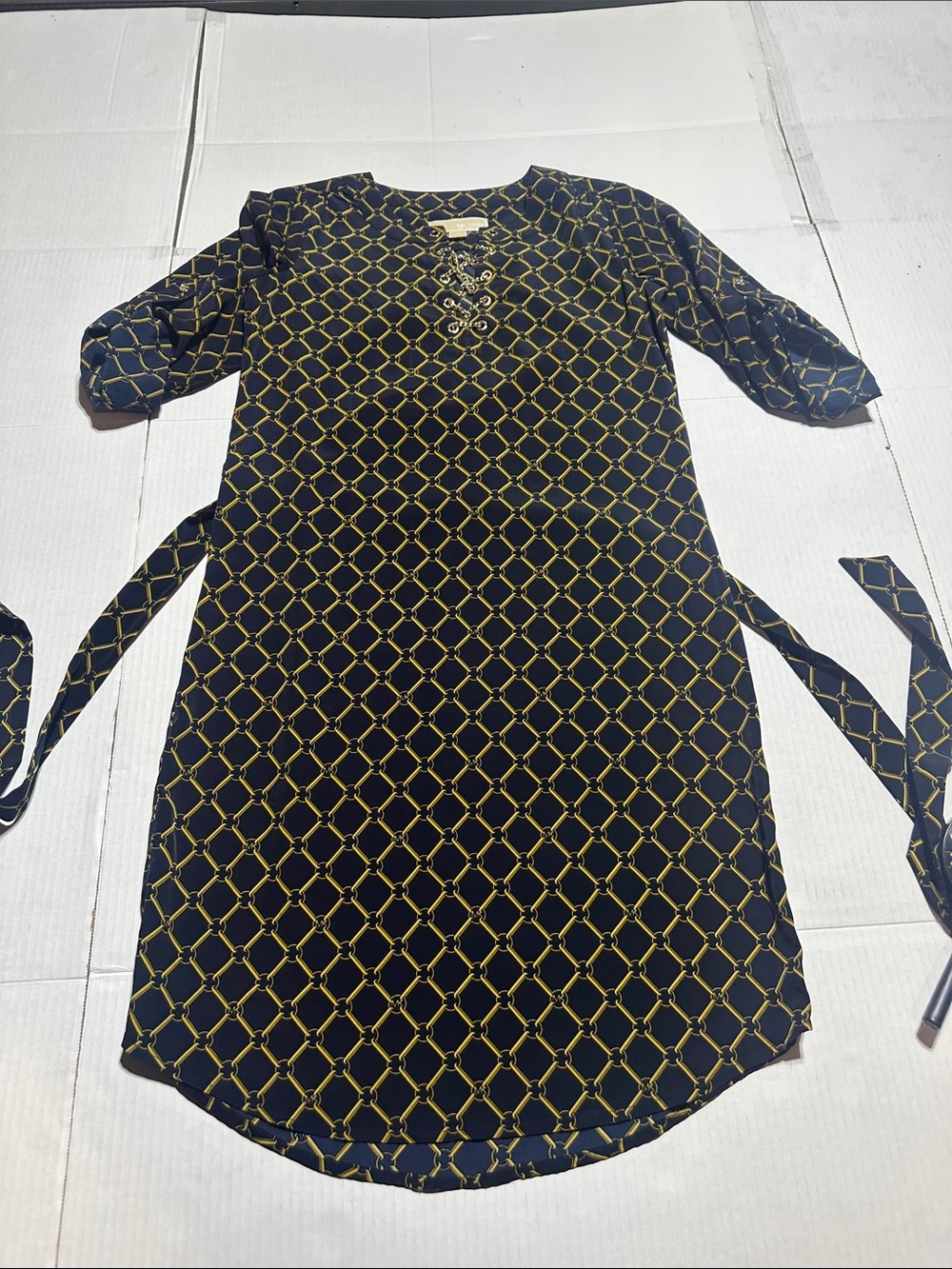 Micheal Michael Kors elegan Navy & Yellow Chain-Print Tunic Dress w belt sz XS